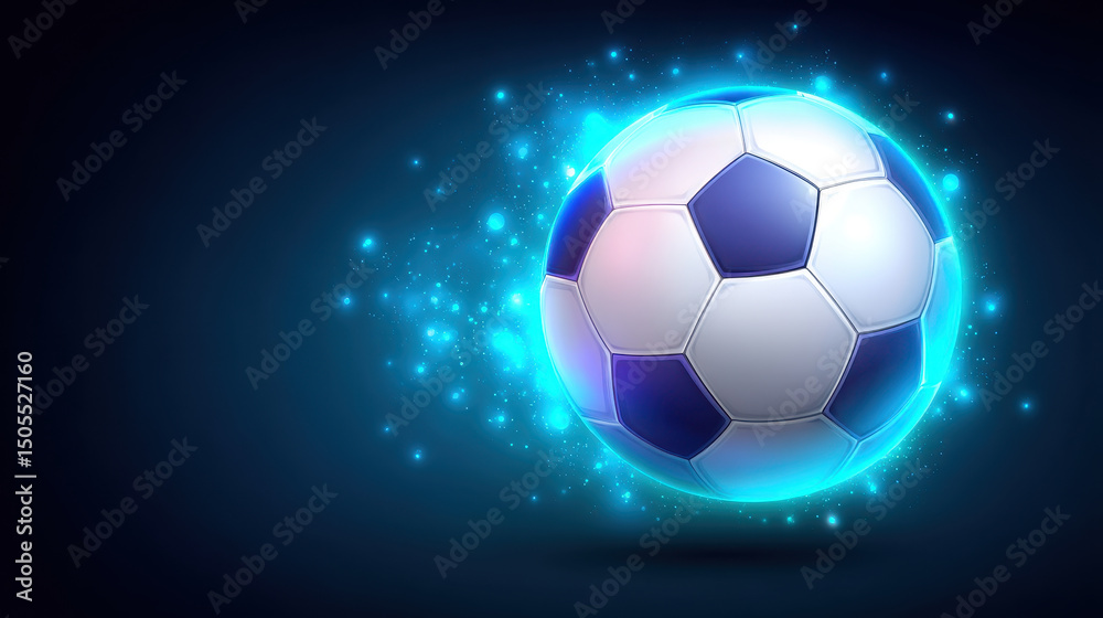 Naklejka premium Neon light football glowing with blue spark effects on dark background, creating dynamic and energetic sports concept