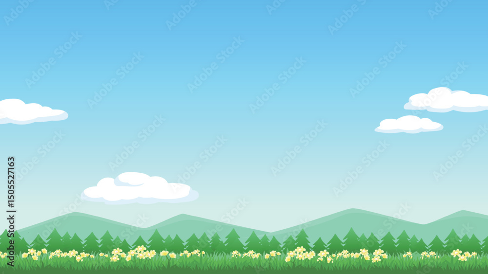 Obraz premium Spring Meadow Landscape Background. Scenic cartoon landscape with green meadows, pine trees, yellow flowers, and blue skies with fluffy clouds.16X9