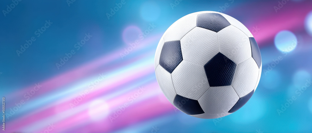 Naklejka premium Soccer ball with black and white pattern glowing in motion on blue and pink blurred background with light streaks