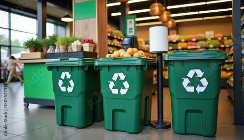 Recycling bins. Indoor recycling station near produce section of grocery store
