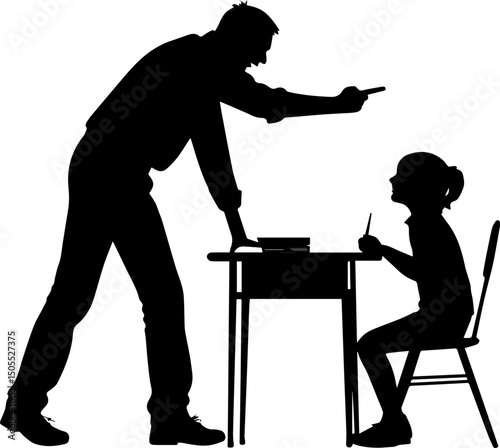 Teacher or Parent Scolding Child Studying Silhouette Vector