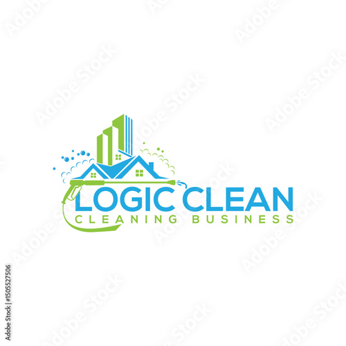 Modern logo design for Logic Clean with house, buildings, bubbles, and pressure washing concept