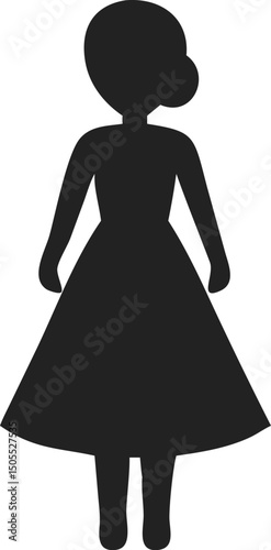 Silhouette of a Female Figure Wearing a Vintage-Style Fitted Bodice and Flared Skirt Dress with Updo Hairstyle, Standing with Arms Bent and Feet Together, silhouette of a girl in a dress
