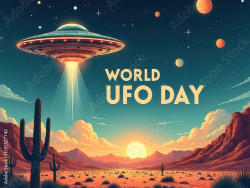 Retro-Style Sci-Fi Poster With UFO Over Desert Scene