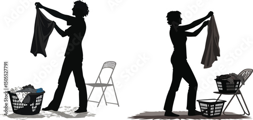 Woman Doing Laundry Silhouette - Hanging Clothes and Household Chores
