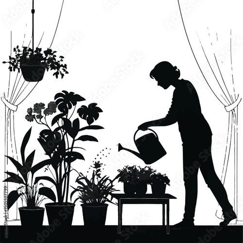 Woman Watering Potted Plants Silhouette - Indoor Gardening Scene
