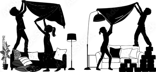 Kids Building Blanket Forts at Home Silhouette
