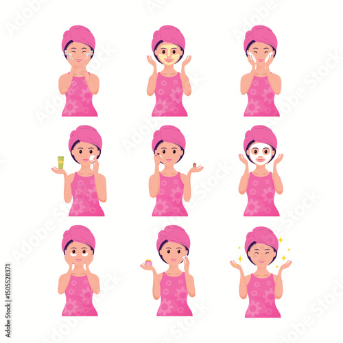 Woman Skincare and Facial Treatments Activities Illustration Collection