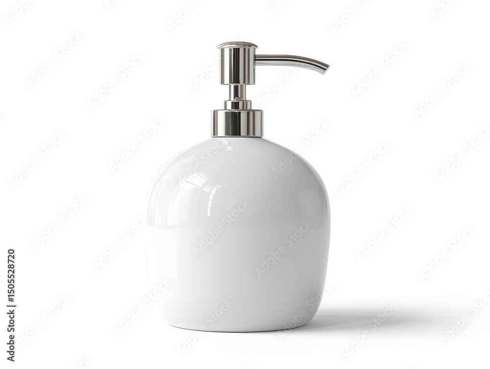 Obraz premium A sleek, modern white ceramic soap dispenser with a chrome pump, perfect for bathrooms and kitchens