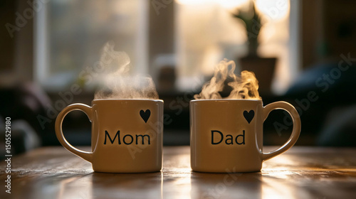 Two mugs labeled Mom and Dad with steam forming heart shapes - cozy family moment, global parent's day concept.