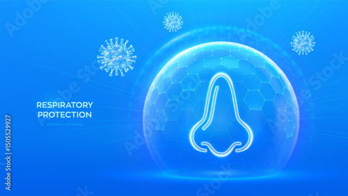 Human nose and respiratory system care. Protection from viruses, dust and allergens. Healthcare. Virus cell. Nose icon inside protection sphere shield with hexagon pattern. Vector illustration.