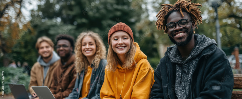 A group of people sitting on a bench, one of whom is wearing a yellow sweatshirt A group of people sitting on a bench, one of whom is wearing a yellow sweatshirt
