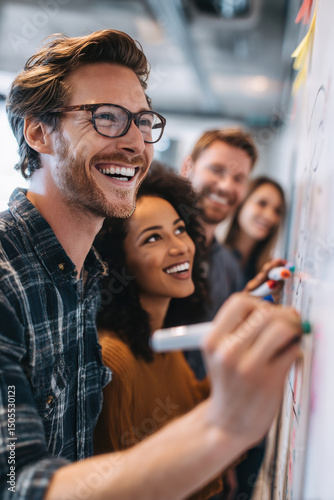 A man is drawing on a whiteboard with a group of people around him