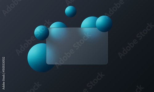 Credit card with floating turquoise spheres in glass morphism background style, suitable for fintech applications, online transactions and business payment platforms.