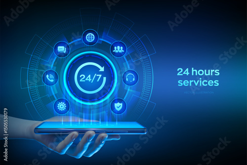24 hours servises. 24-7 support. Technical support. Customer help. Tech support. Customer service, Business and technology concept. Smartphone in hand. Using smartphone. Vector illustration.