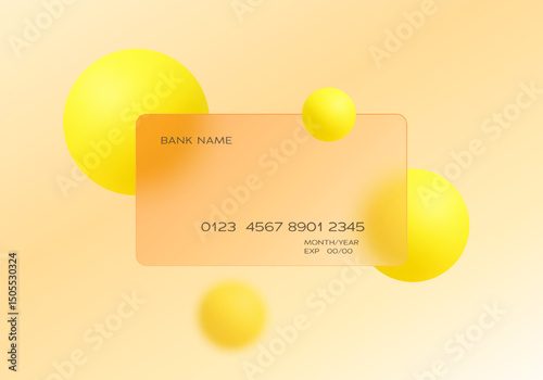Glass credit card with glowing yellow spheres. Perfect for mobile wallets, online payments and fintech interfaces.