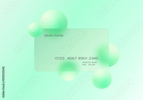 Glass bank card with soft mint spheres. Ideal for fintech applications, online payments and eco-friendly digital banking.