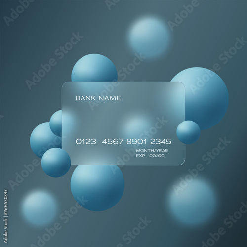 Transparent glass-style bank card with soft blue spheres. Ideal for fintech apps, mobile wallets, and secure online transactions.