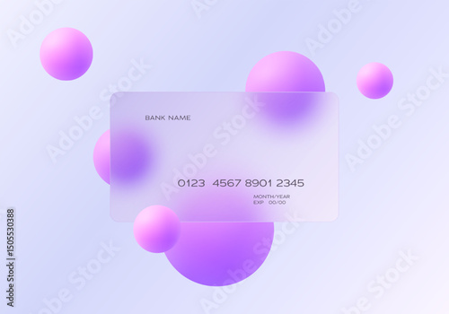Minimalistic credit card with soft purple spheres illustration in glass morphism style. Perfect for digital wallets, fintech apps and modern online banking solutions.