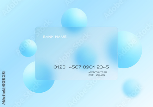 Minimal credit card in frosted glass style with soft blue spheres. Ideal for fintech, digital wallets, and modern online banking services.