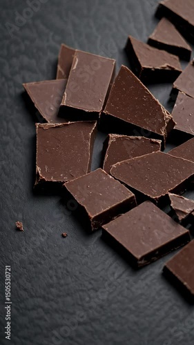 Dark chocolate pieces scattered on matte black textured surface, emphasizing gourmet dessert, minimalist elegance and premium cocoa treat in modern food styling loop