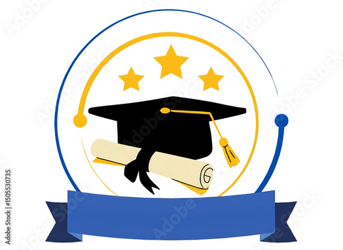 Graduation Cap with Diploma Scroll and Stars Logo Design