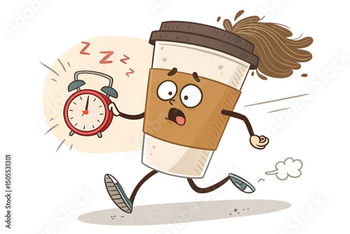 Coffee Cup Running Late – Funny Morning Character with Clock and Messy Hair