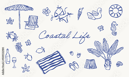 Coastal life summer elements line art set. Vector hand drawn illustration. All elements are isolated.