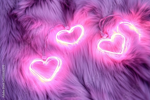 Glowing pink heart-shaped neon lights on soft purple faux fur background. Romantic and cozy vibe perfect for Valentine's Day designs, social media posts, or girly lifestyle content. Copy space