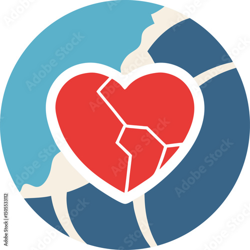 Abstract broken heart icon within a circle of blue and beige elements