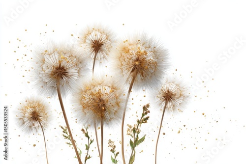 Dandelions with seeds blowing on white background