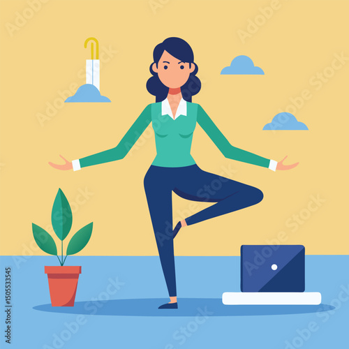 Corporate woman doing office yoga pose vector illustration