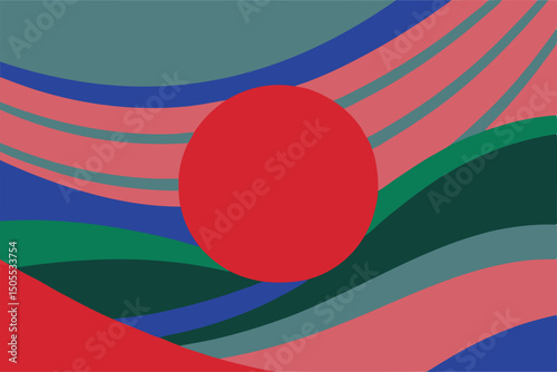 Abstract colorful composition with red circle and geometric wavy shapes on transparency