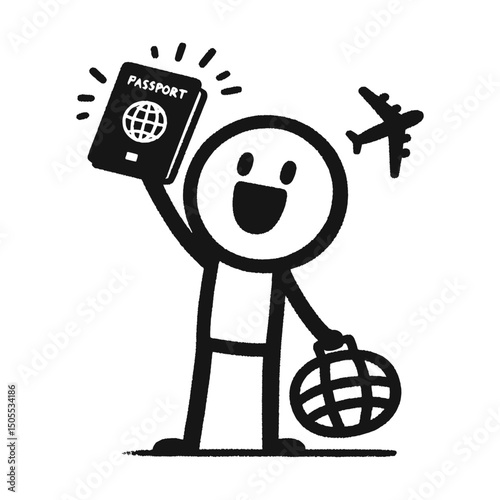 Stick figure travel concept with passport, flight, and vacation relaxation. Simple vector illustration