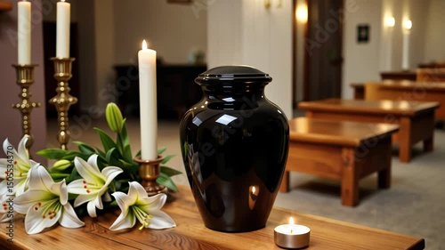 Memorial setting with black urn, candles, and white lilies  