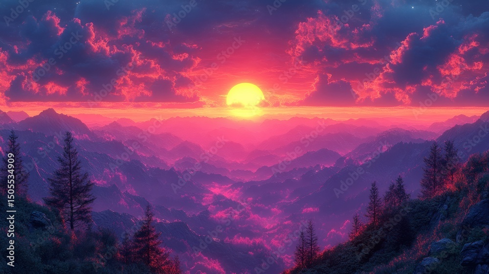 Naklejka premium Colorful sunset over mountain landscape