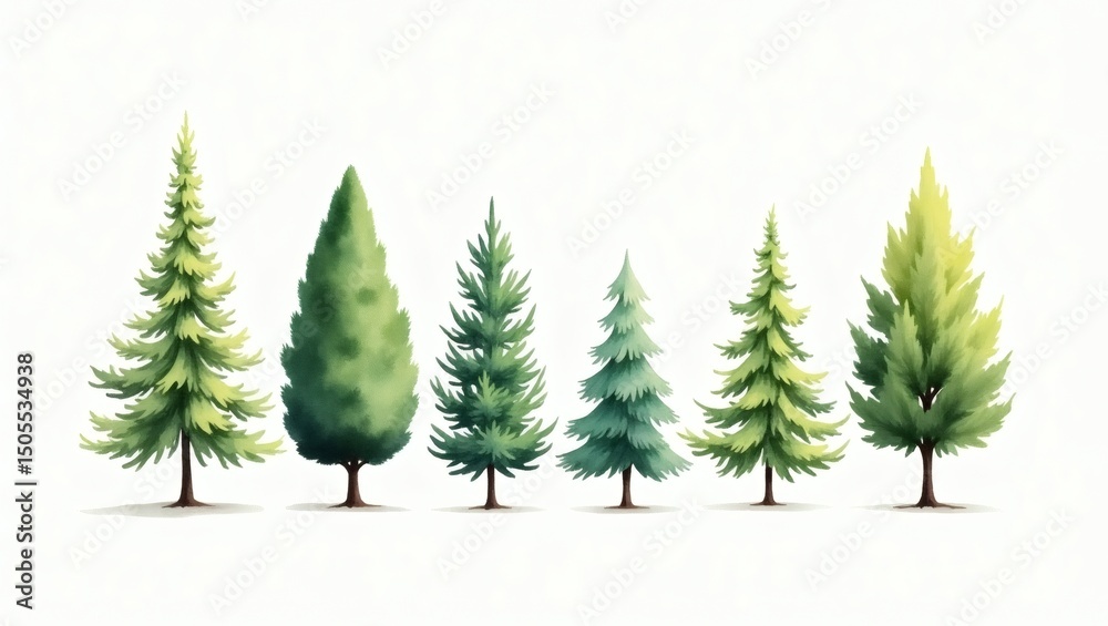 Obraz premium Watercolor of evergreen trees in a row. A collection of illustrated trees, each with unique shape, style, and detail. The trees showcase variation in foliage and structure.