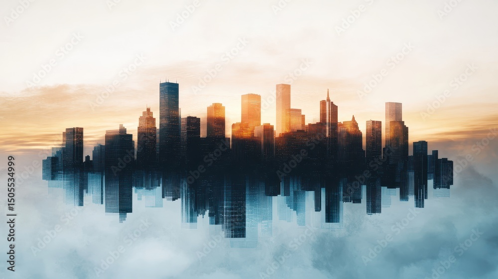 Fototapeta premium A modern city skyline reflected upside down in misty clouds at sunrise.