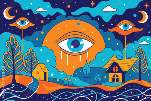 Abstract composition featuring the all seeing eye and dreamy landscape with vibrant colors