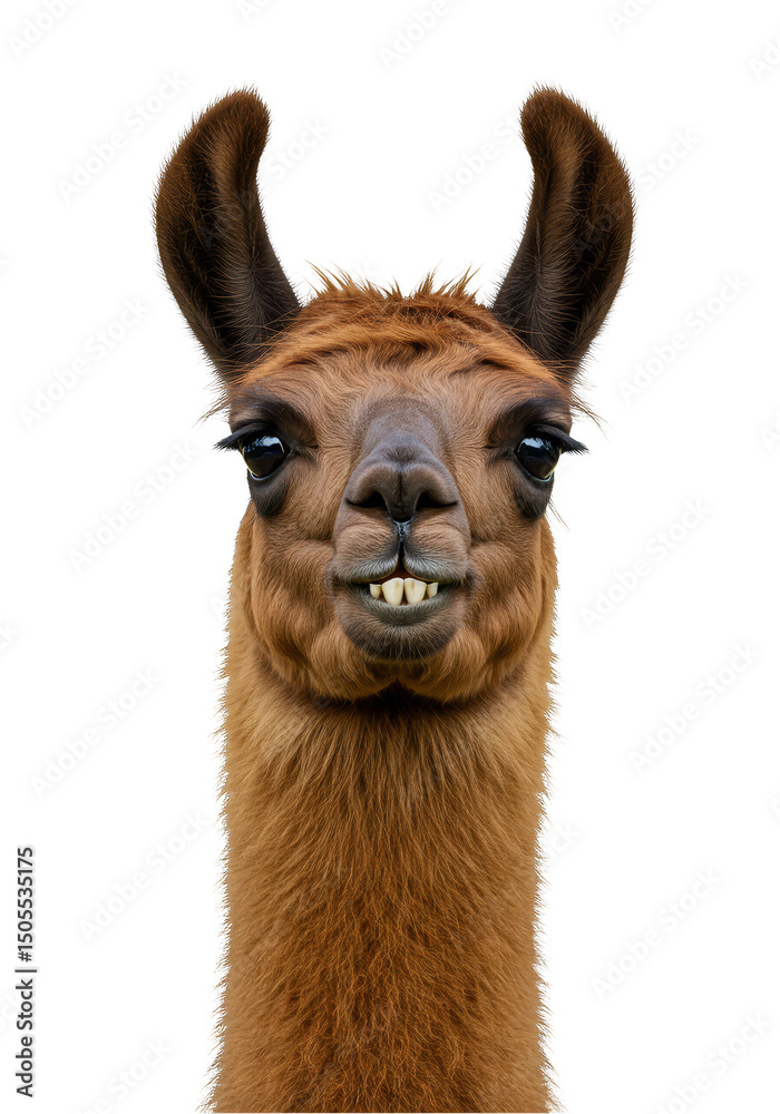 Fototapeta premium Cute Llama Portrait with Brown Fur Funny Face Transparent Background