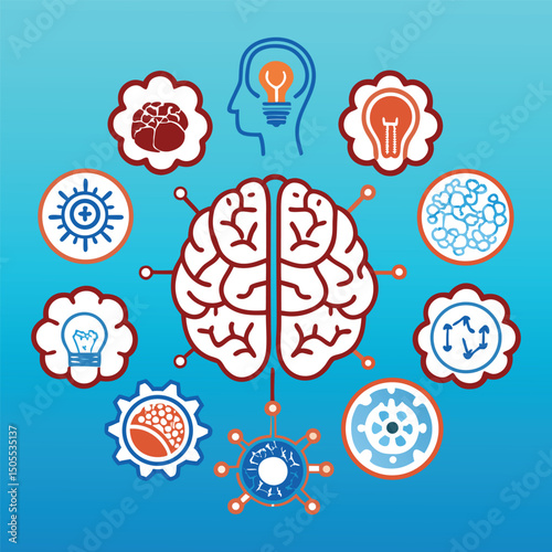 Brain and artificial intelligence icons. Machine learning, deep learning, artificial neural network, robotics and artificial intelligence concept