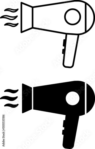 Hair Dryer Icons. Black and White Vector Illustration. Gadget, Technology. Professional Tool for Use in Hair Salons and Barbershops. Device Concept