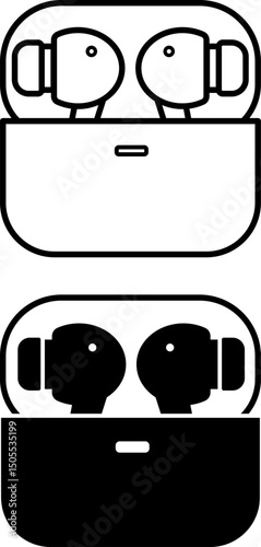 Earbuds Icons. Black and White Vector Illustrations. Device for Personal Listening to Sound Information. Wireless Headphones, Gadget, Technology. Device Concept