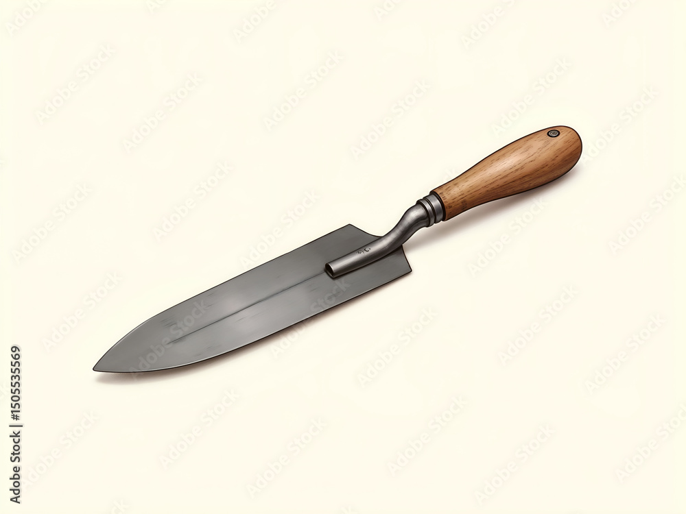 Fototapeta premium Garden trowel with wooden handle on beige background, great for gardening or tool-themed visuals. Generative AI