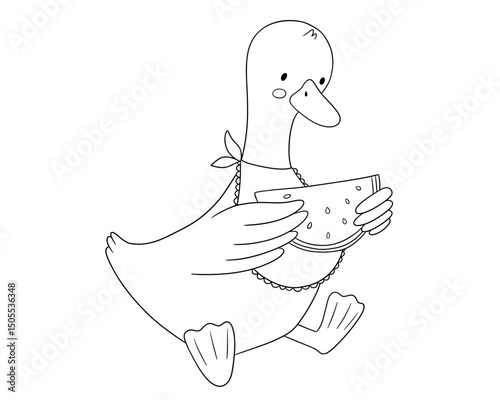 Cute baby goose with watermelon. Funny cartoon outline bird isolated on white background for childish coloring book and page