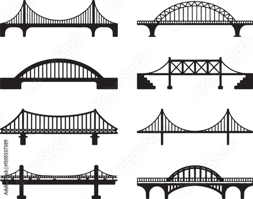 Collection of different bridge types black silhouettes