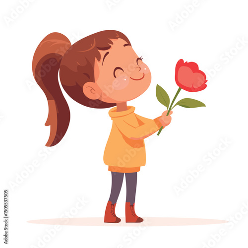 cute little girl smells a flower isolated vector illustration