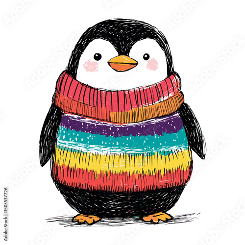 cute little penguin in cozy winter sweater isolated vector illustration