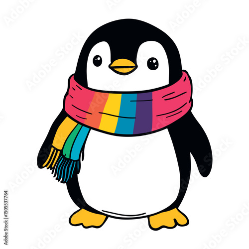 cute little penguin with cozy colorful winter scarf isolated vector illustration