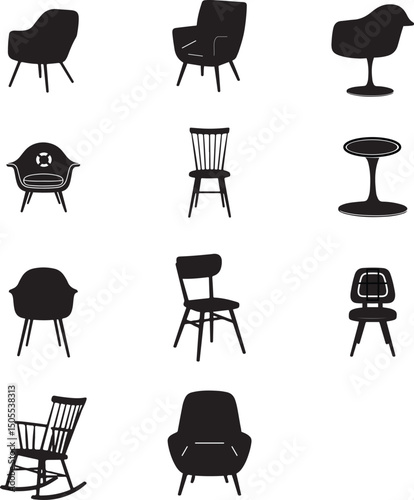 Collection of Black and White Silhouettes of Various Furniture Pieces on white background